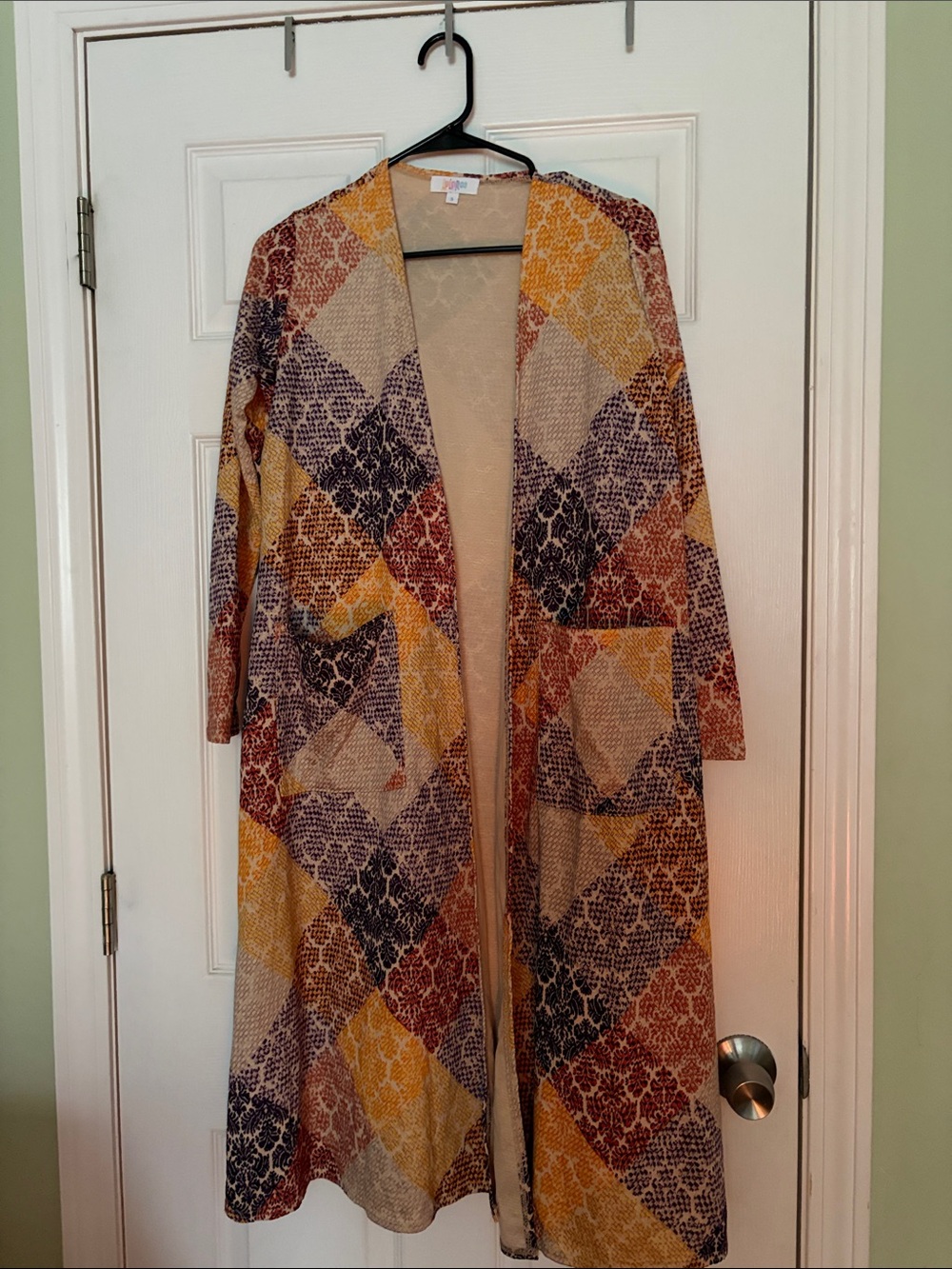 LuLaRoe Long Open-Front Patchwork Cardigan in Yellow, Navy, Burgundy, Cream